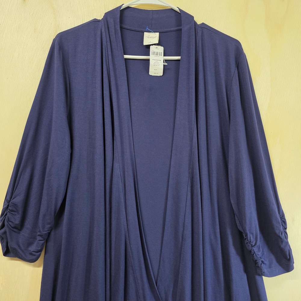 Soma Maritime Navy Open Front Dress Wrap Cardigan Ruched 3/4 Sleeve Large - Picture 9 of 11